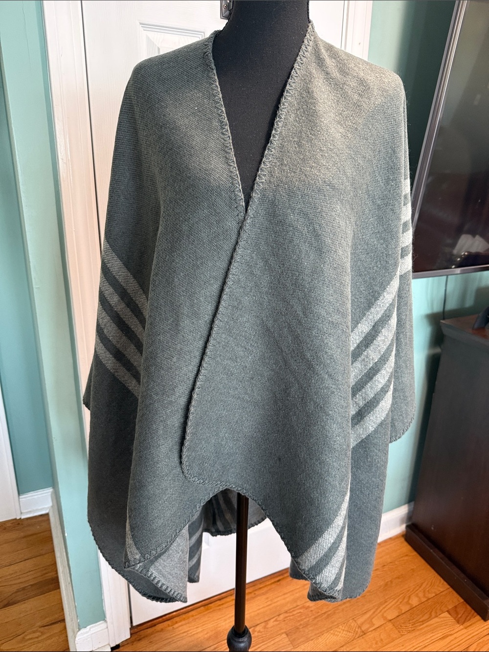 BB Dakota Gray Striped Wrap Poncho